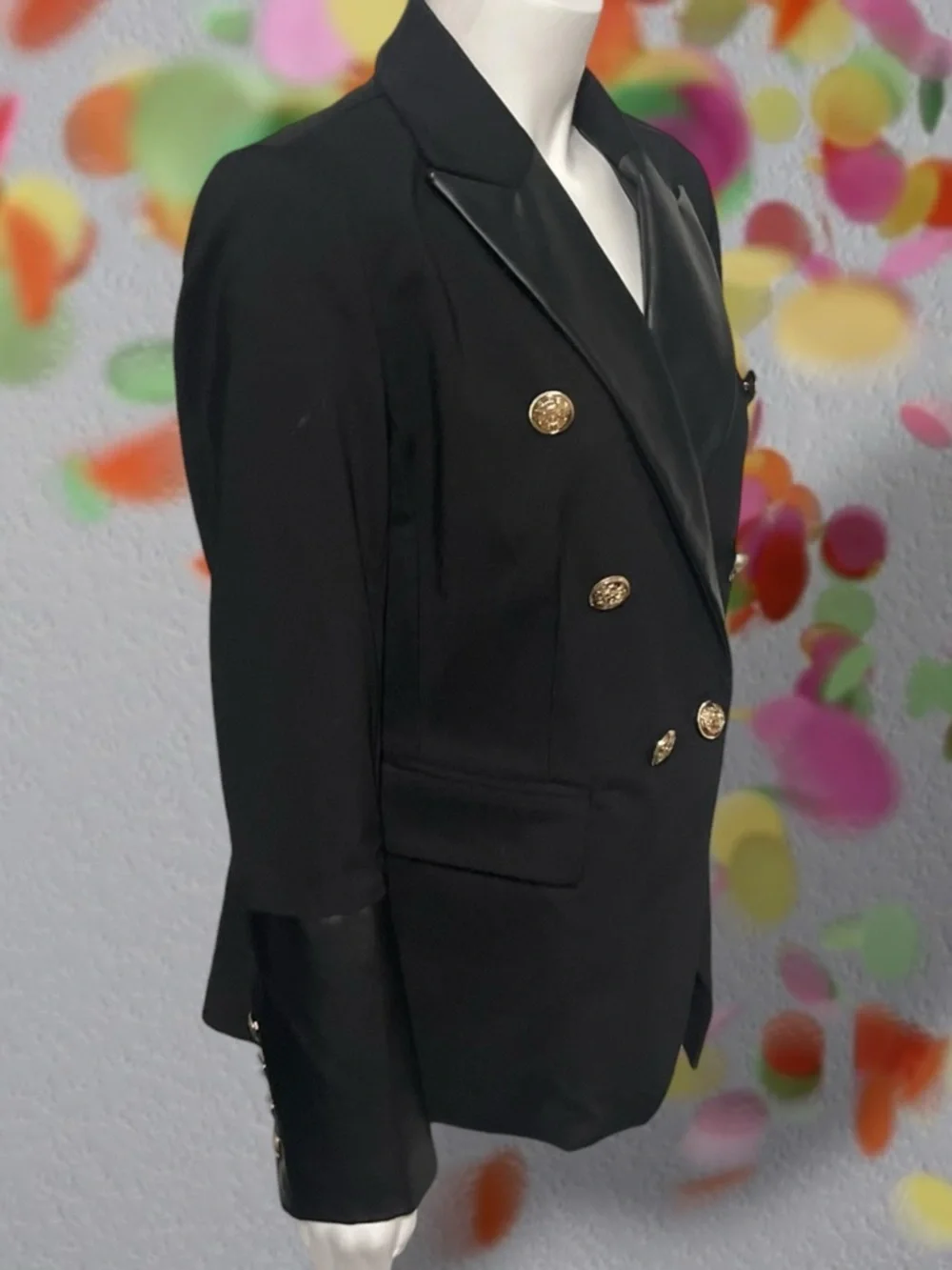 Boston Proper Black Leather Detailed Modern Double-Breasted Blazer Size 10